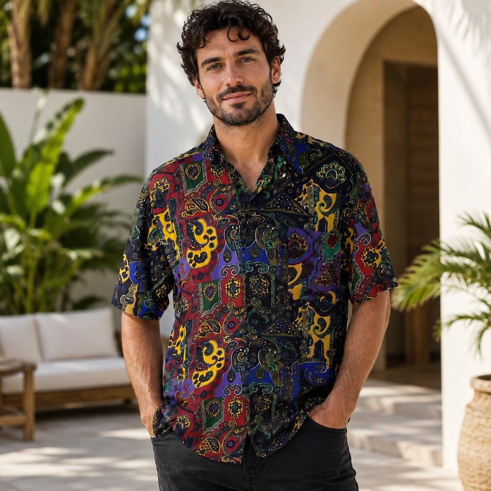 Pool Jorch Men’s L Multicolor Paisley Rayon Short Sleeve Button Shirt Vintage